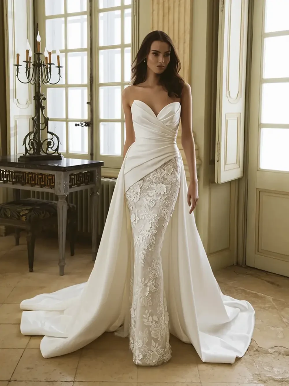model is wearing a strapless bridal gown
