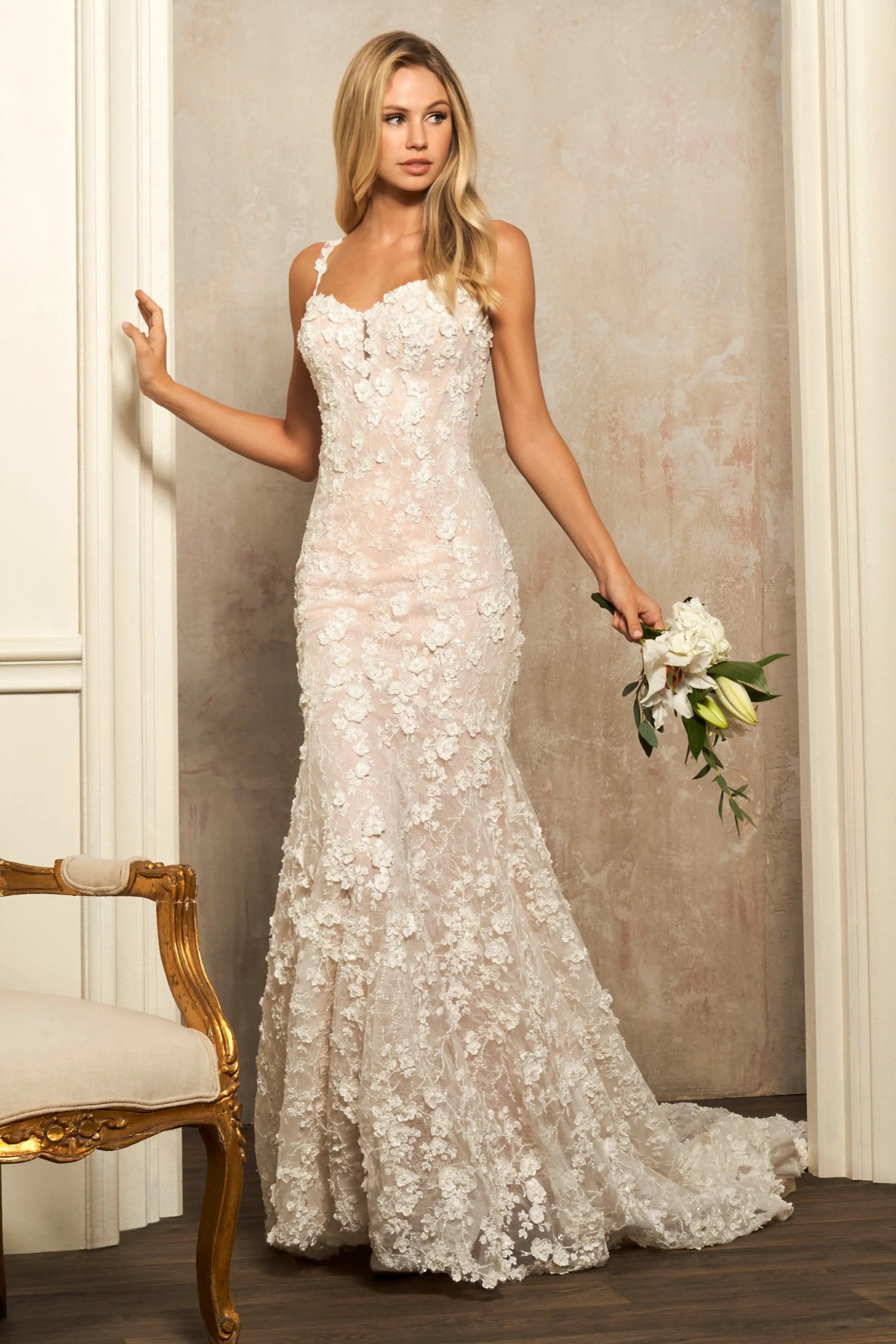 Model wearing a gown by Sherri Hill