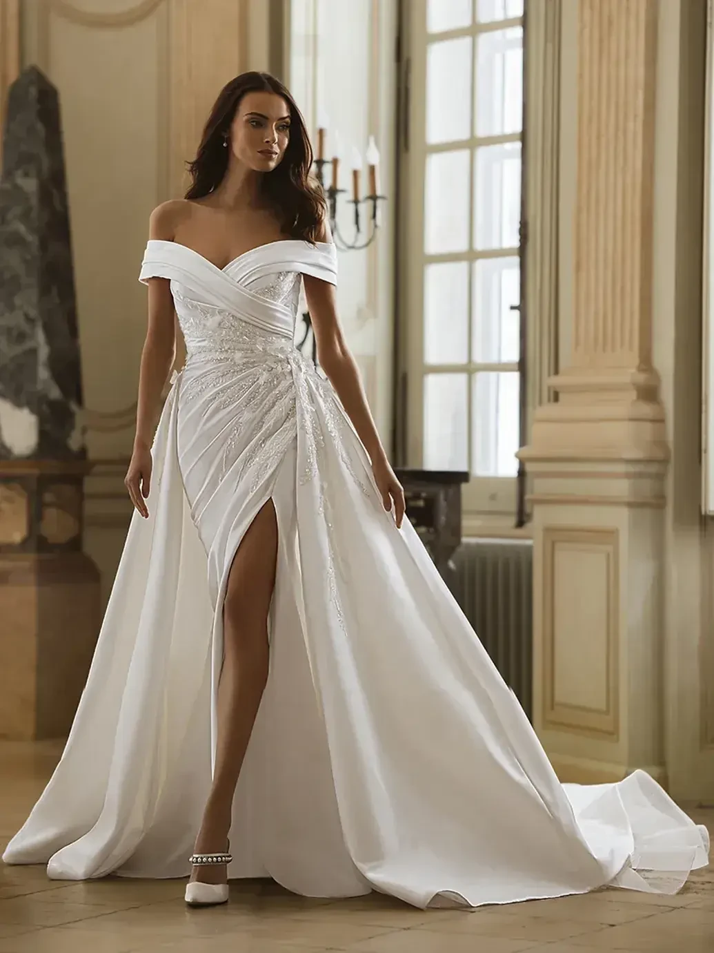 Model wearing a gown by Élysée