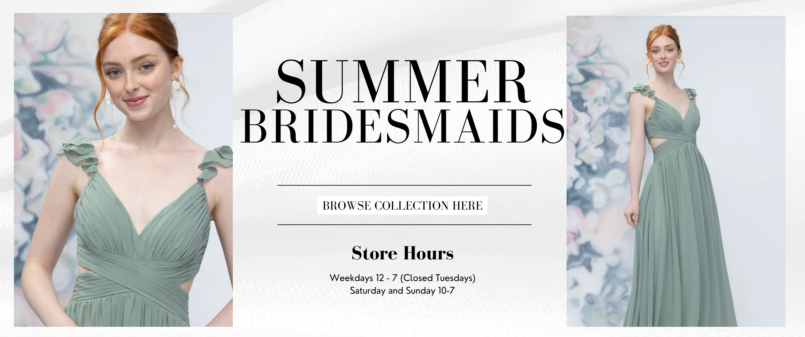 Model wearing bridesmaids dress, summer bridesmaids desktop banner