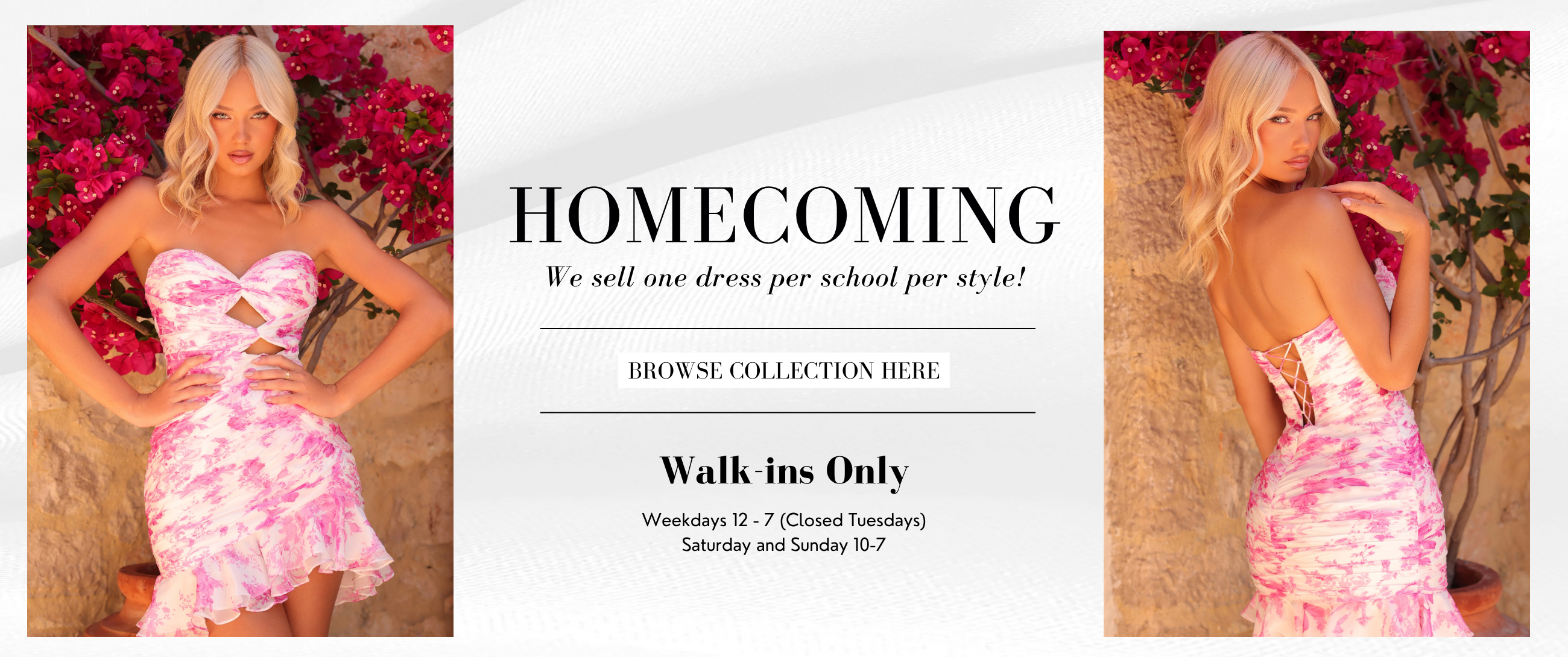 Model wearing homecoming dress, desktop banner