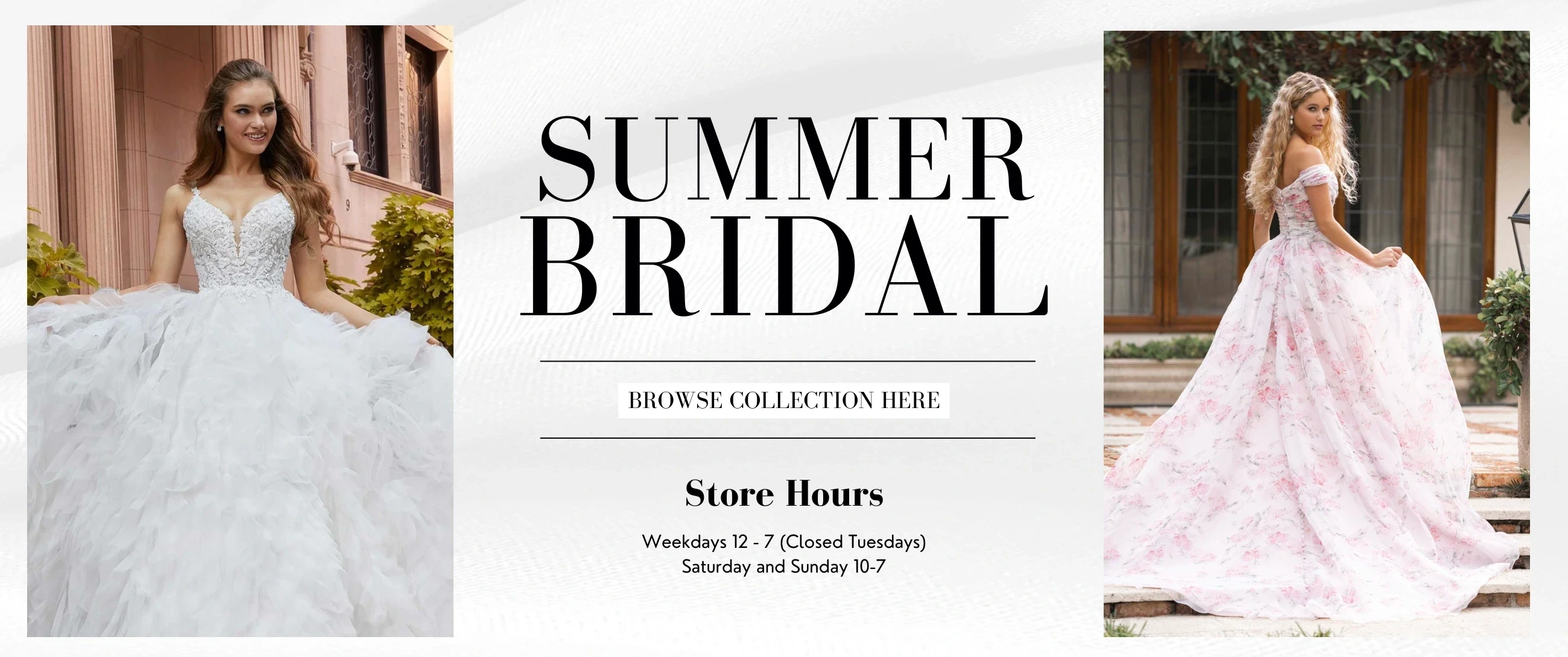 Models wearing bridal dresses, summer bridal desktop banner
