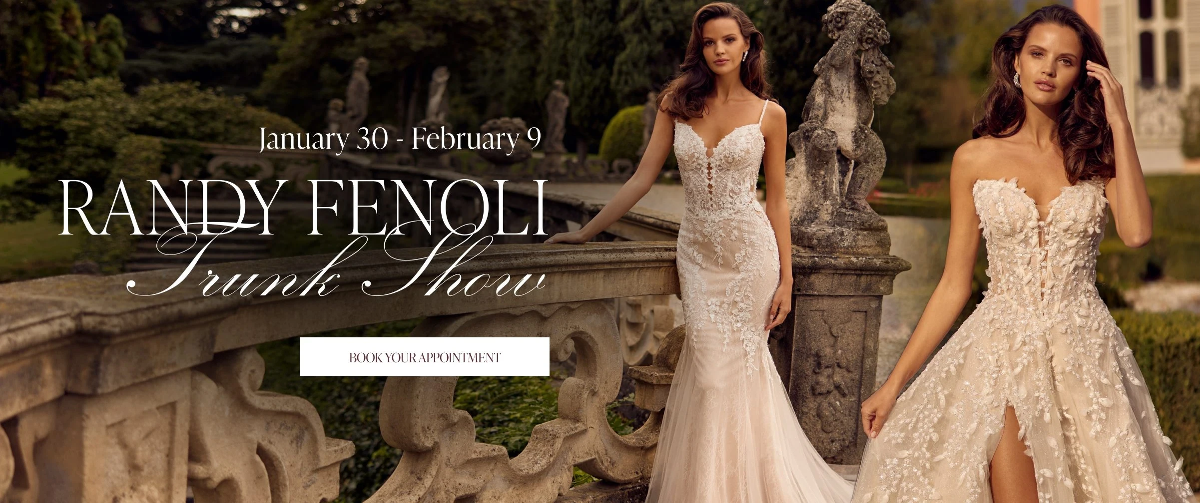 Models wearing Randy Fenoli bridal gowns, Randy Fenoli Trunk Show desktop banner