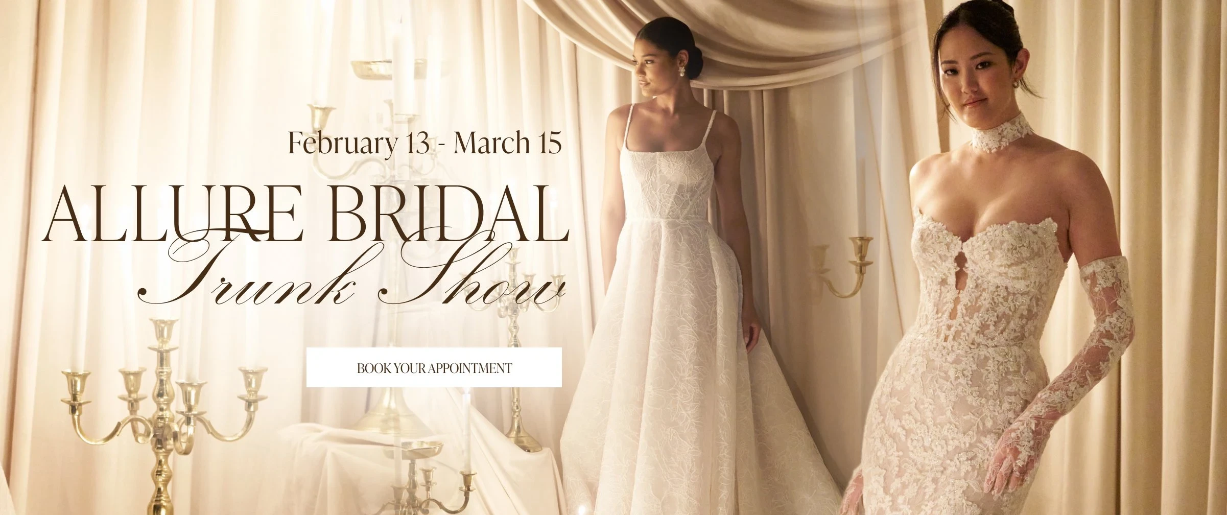 Models wearing Allure couture bridal gowns, Allure Bridal Trunk Show desktop banner
