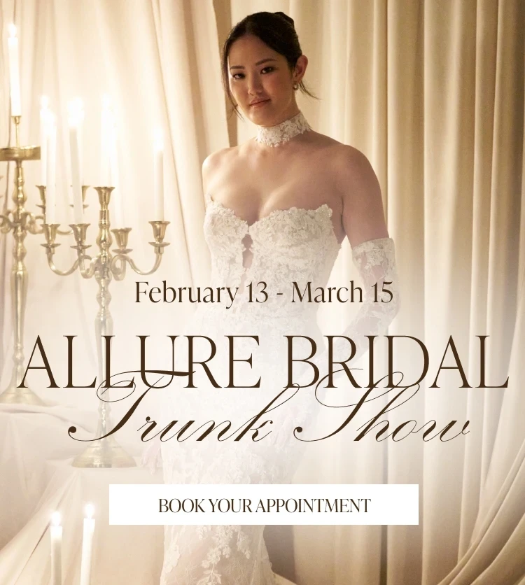 Model wearing Allure couture bridal gown, Allure Bridal Trunk Show mobile banner
