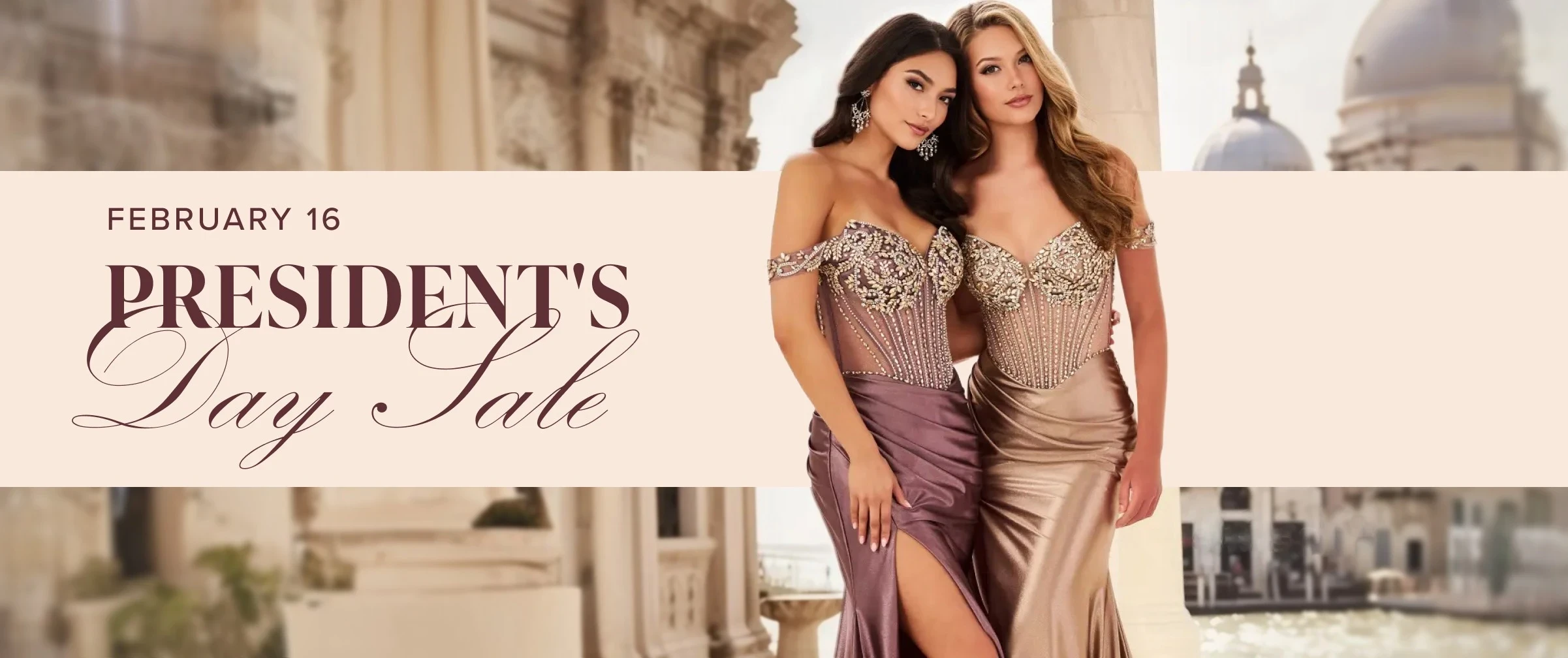Models wearing Ellie Wilde prom dresses, president's day sale desktop banner