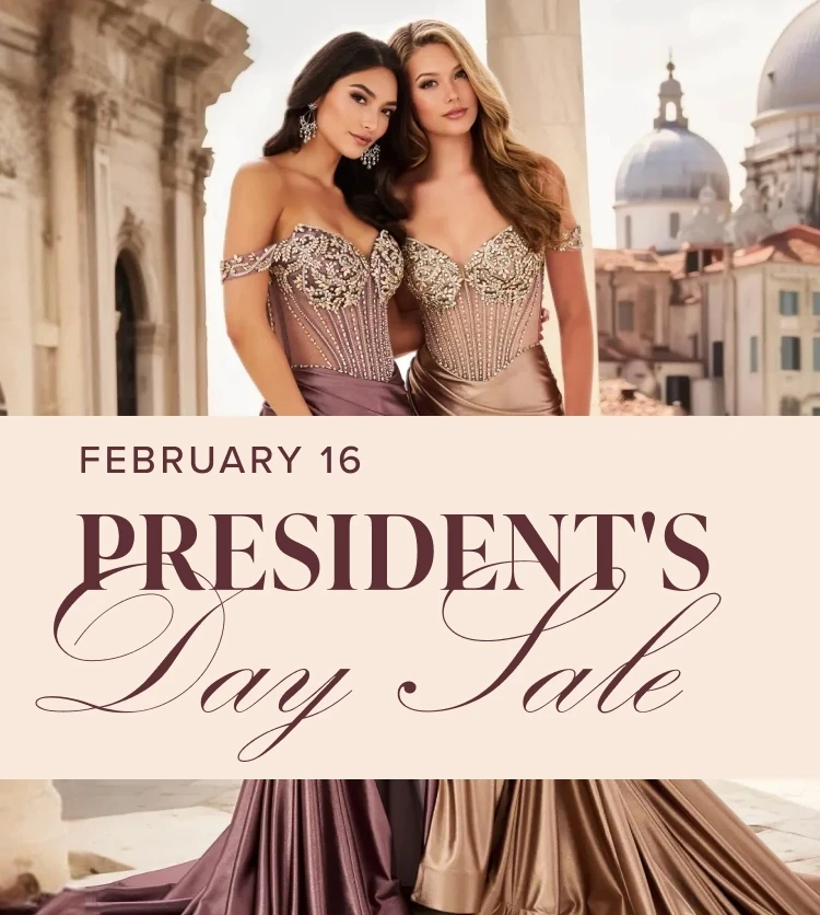 Models wearing Ellie Wilde prom dresses, president's day sale mobile banner