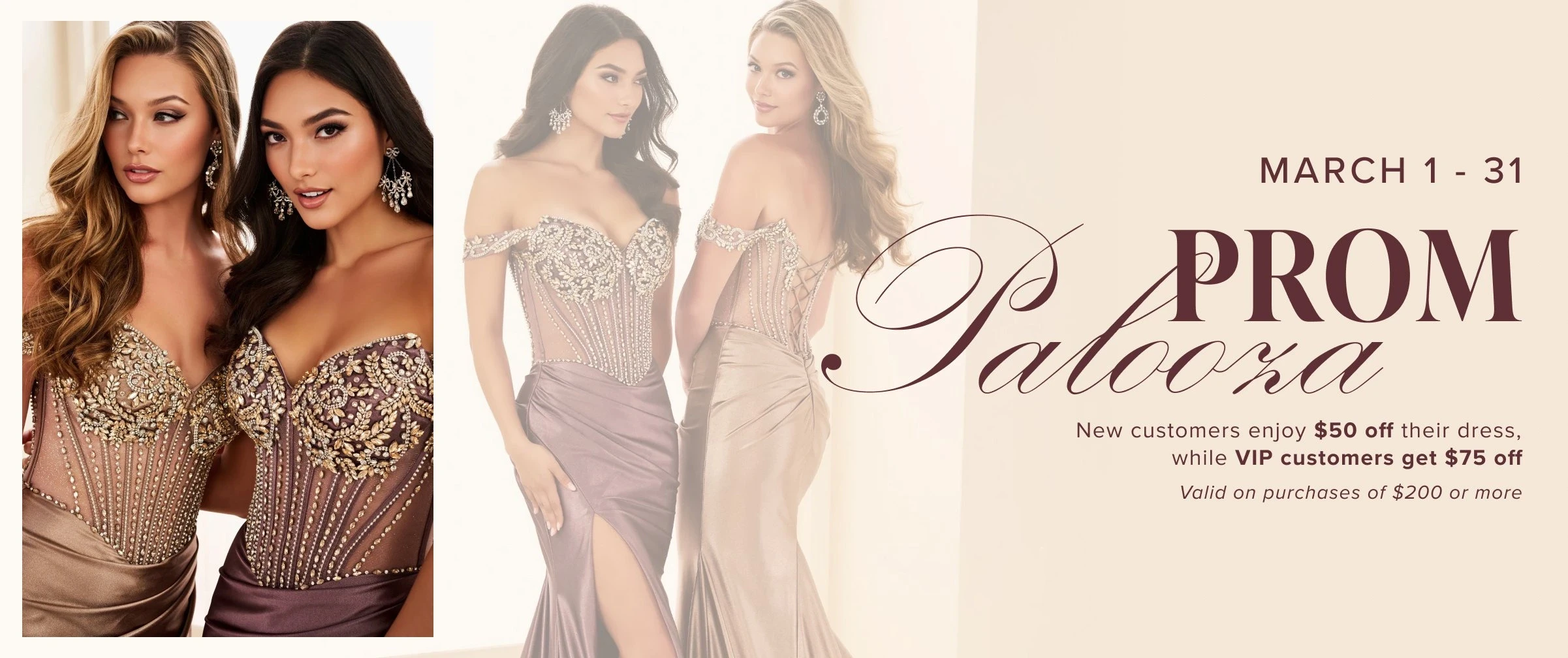 Models wearing Ellie Wilde prom dresses, Prom Palooza desktop banner