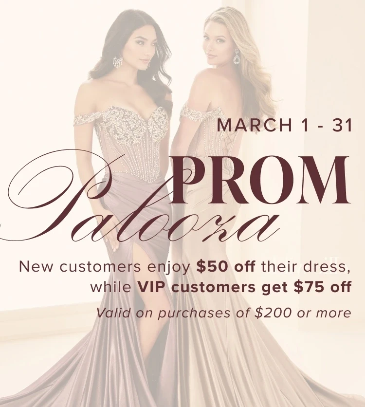 Models wearing Ellie Wilde prom dresses, Prom Palooza mobile banner