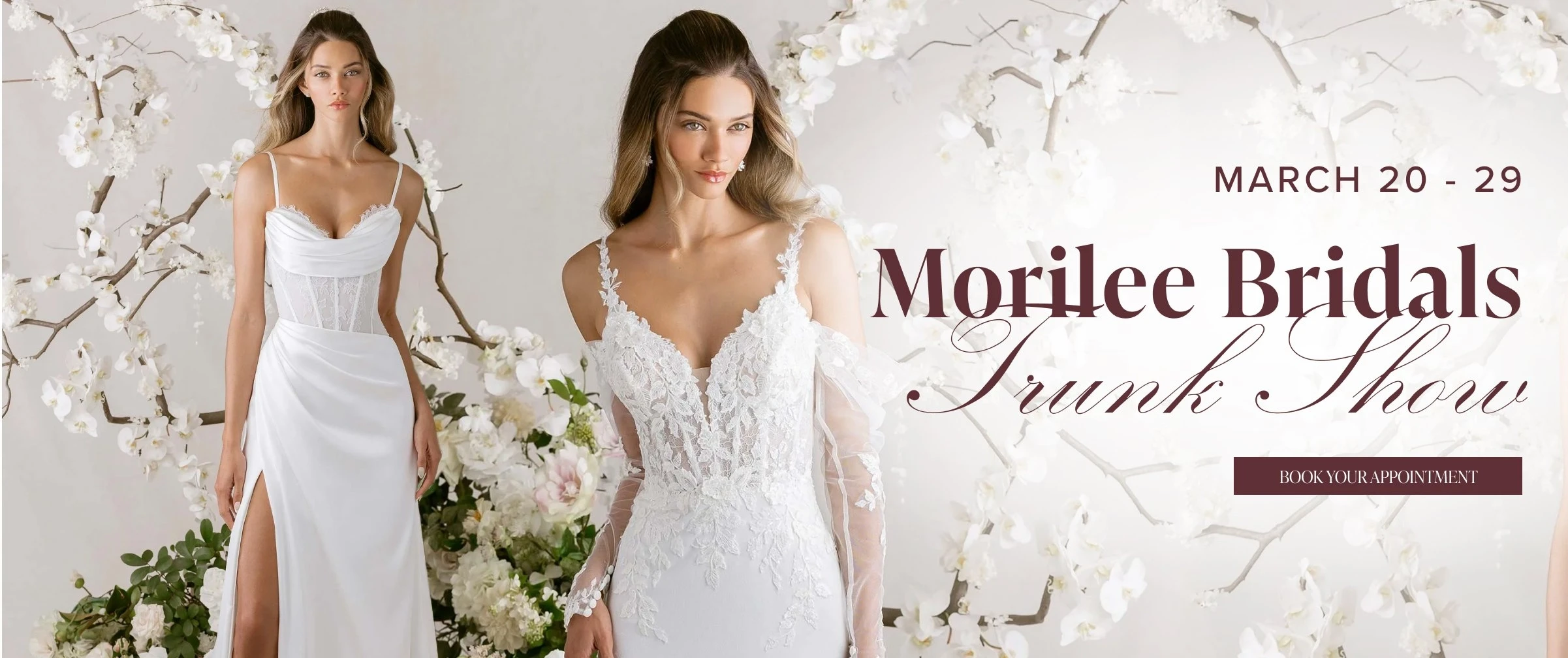 Models wearing Morilee bridal dresses, Trunk Show event desktop banner