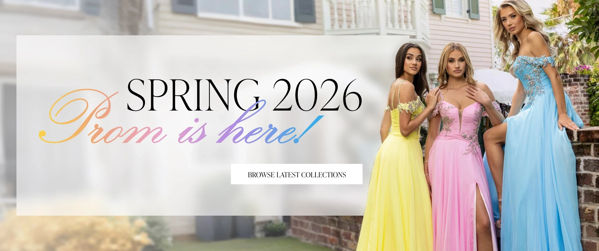 Models wearing Rachel Allan Prom dresses, desktop banner