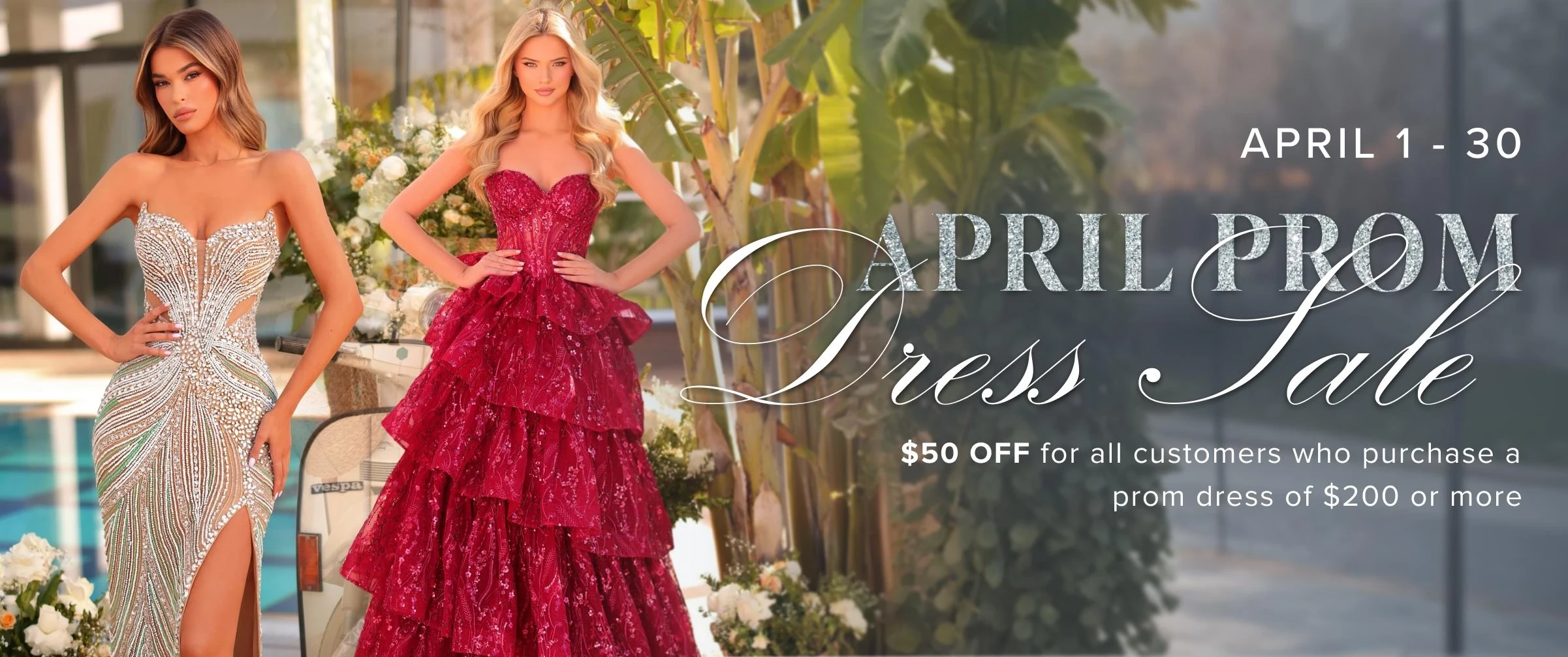 Models wearing Prom dresses, April Prom dress sale desktop banner