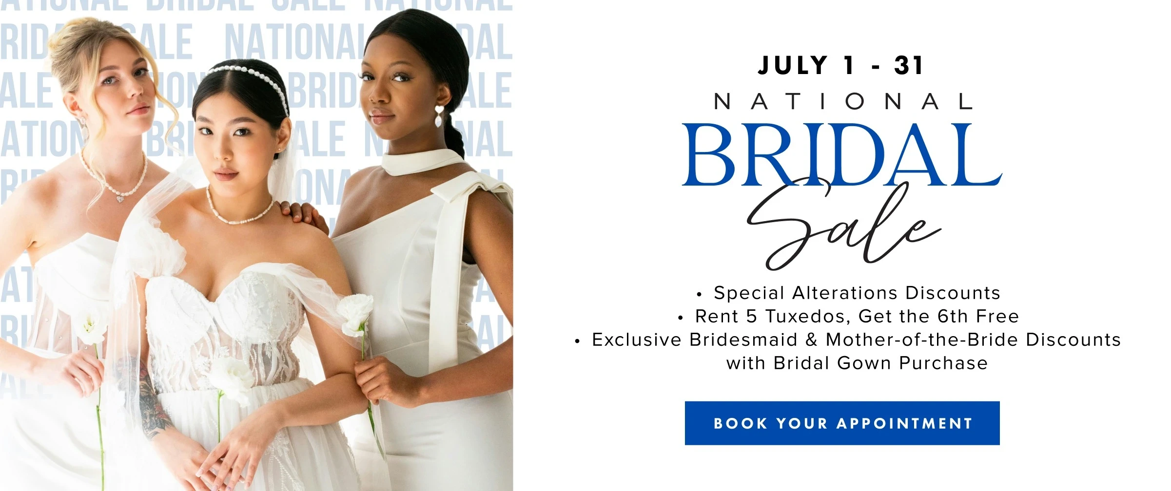 Models wearing bridal dresses, national bridal sale desktop banner