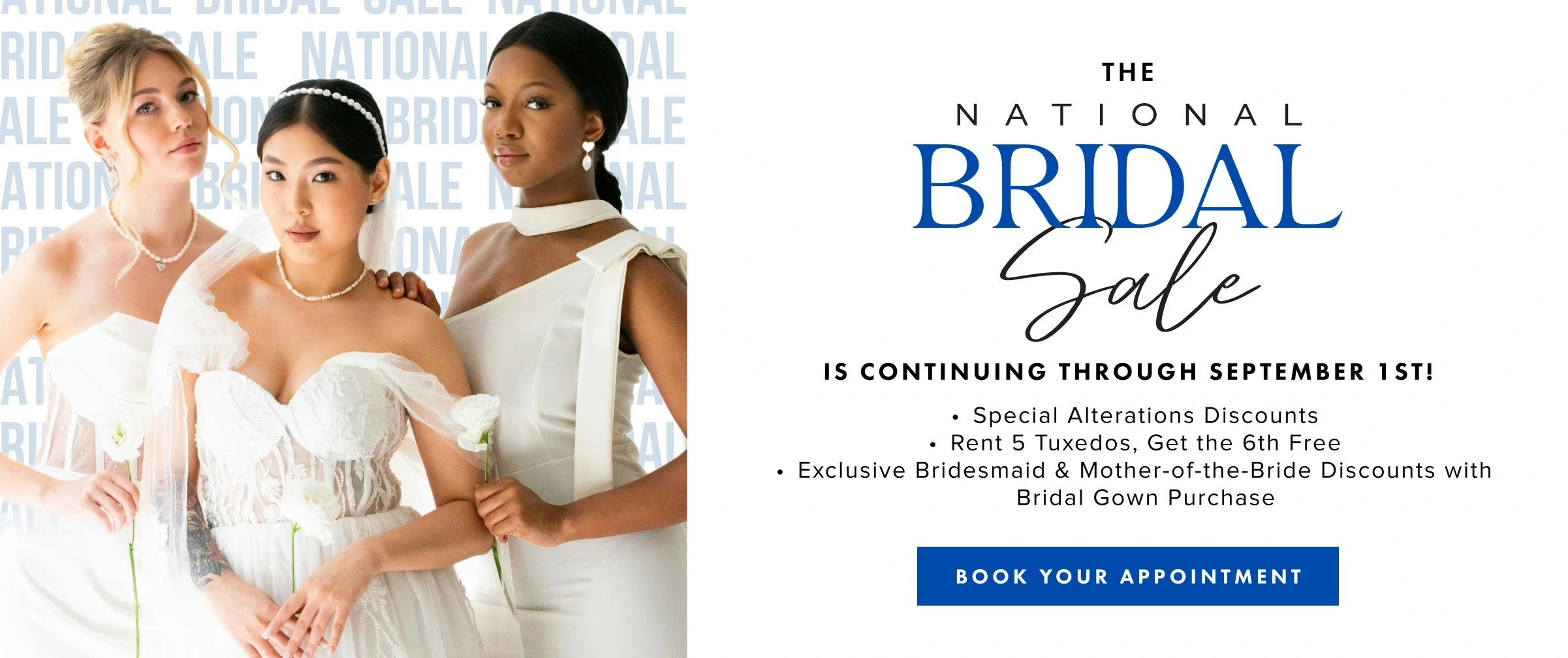 Models wearing bridal dress, national bridal sale extended desktop banner
