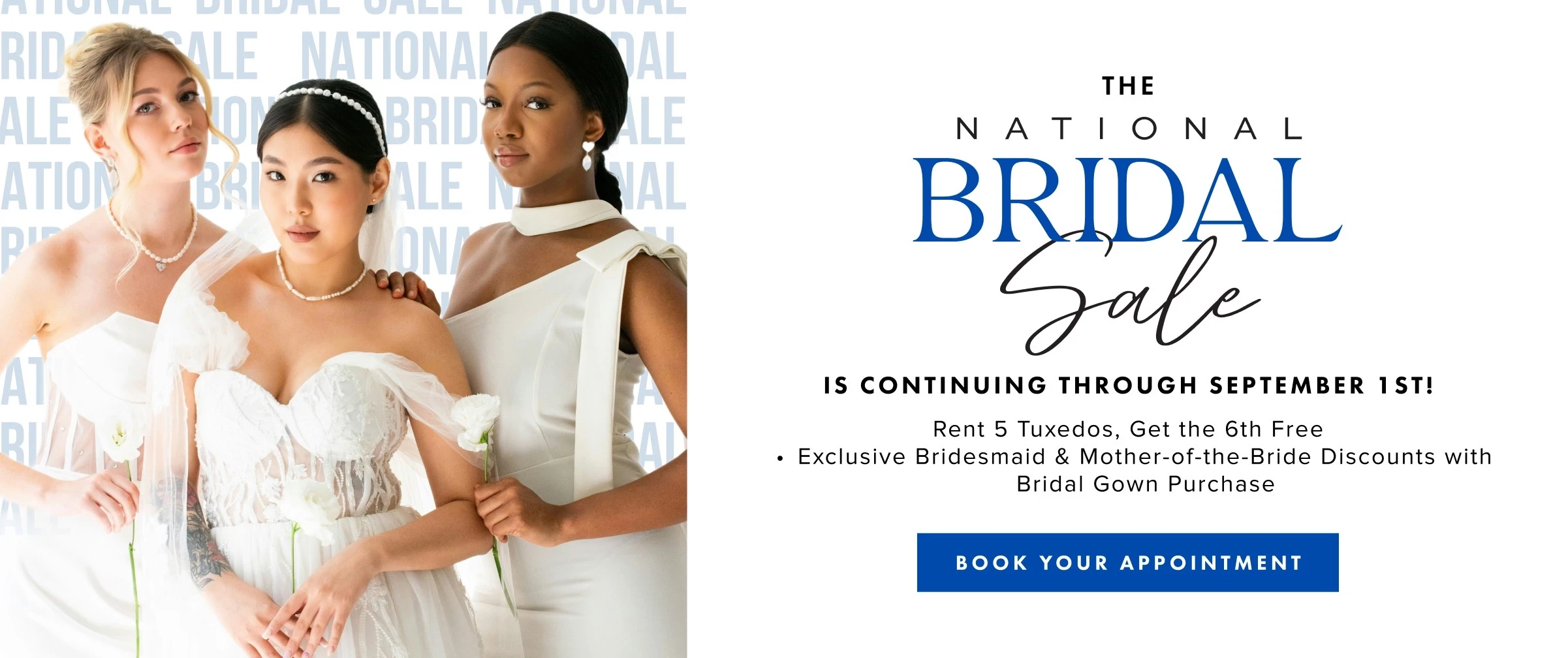 Models wearing bridal dress, national bridal sale extended desktop banner