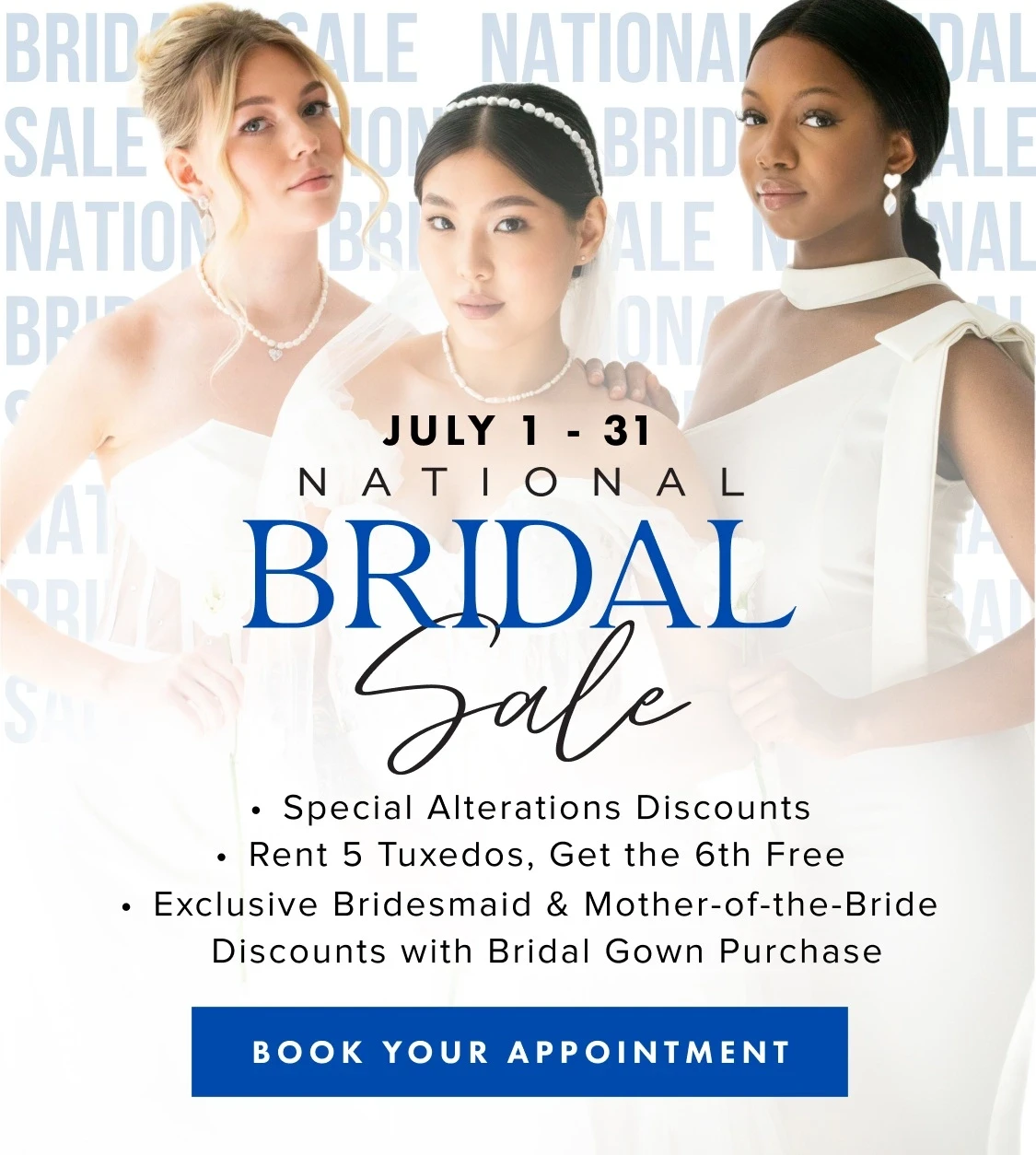 Models wearing bridal dresses, national bridal sale mobile banner