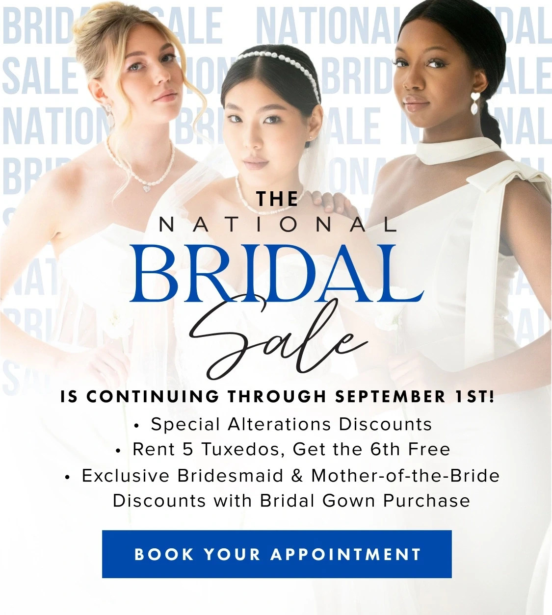 Models wearing bridal dress, national bridal sale extended mobile banner