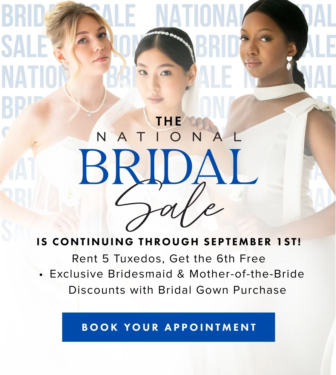 Models wearing bridal dress, national bridal sale extended mobile banner