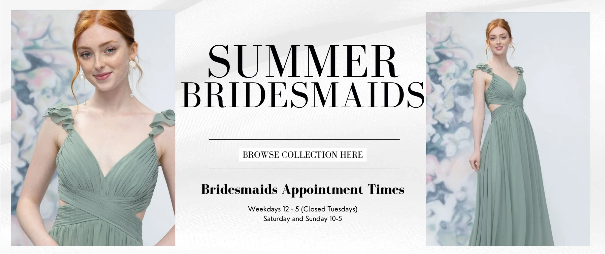 Model wearing bridesmaids dress, summer bridesmaids desktop banner