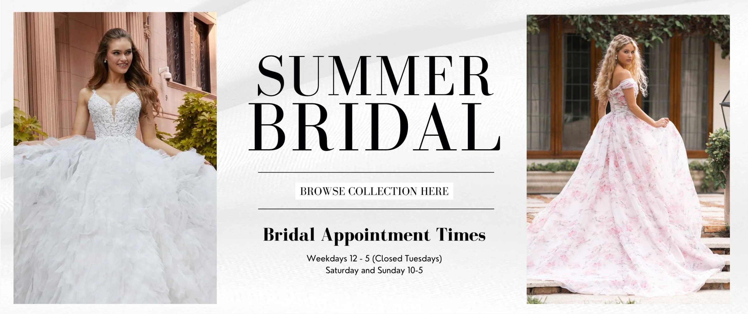 Models wearing bridal dresses, summer bridal desktop banner