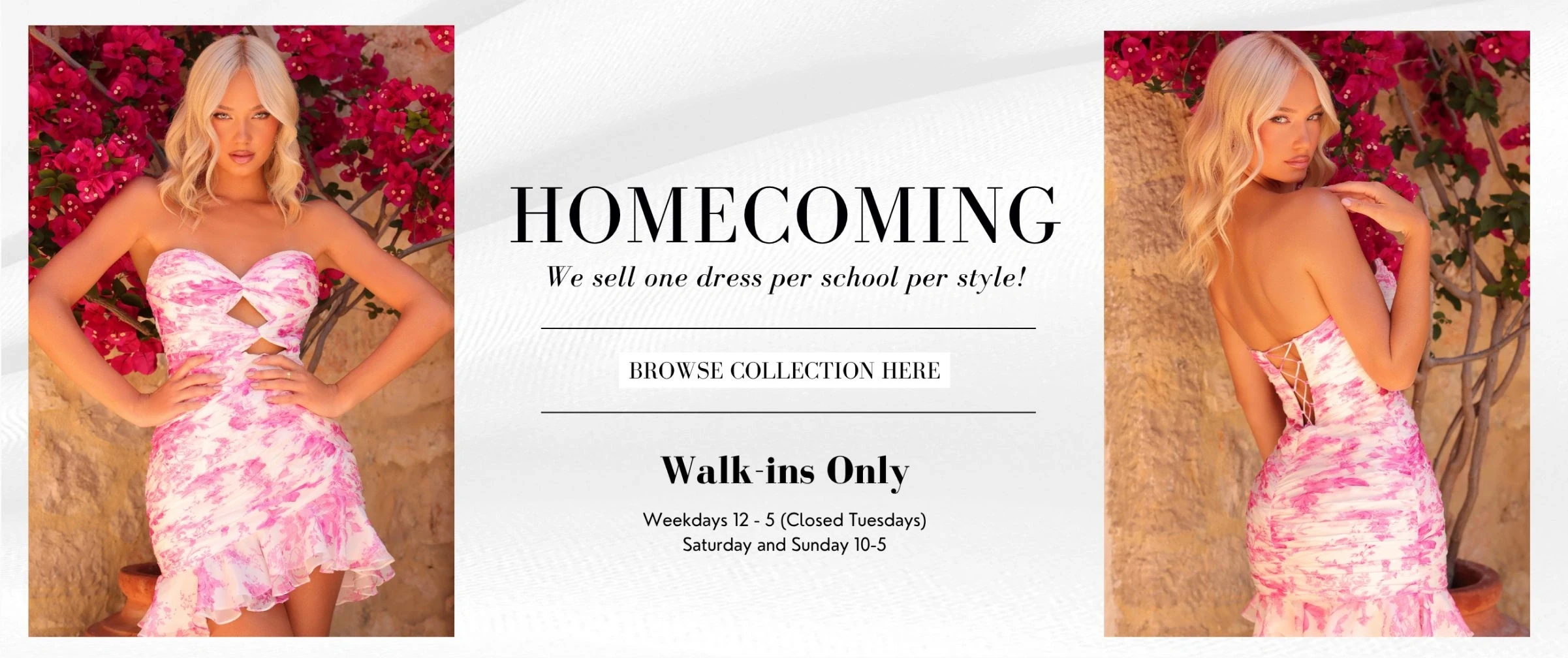 Model wearing homecoming dress, desktop banner