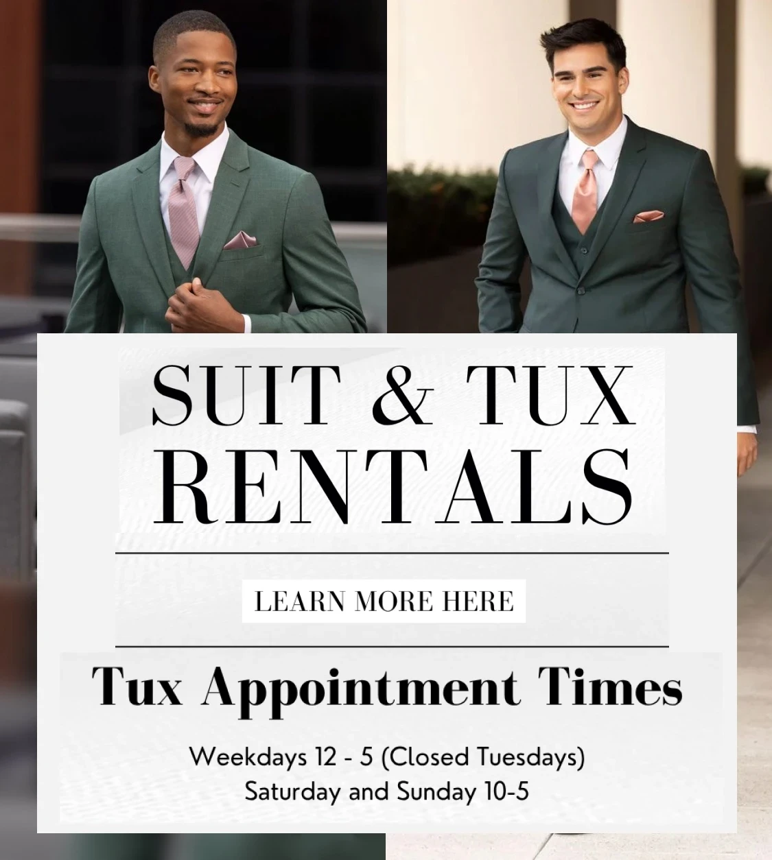 Models wearing suits, Suit & Tux rentals mobile banner