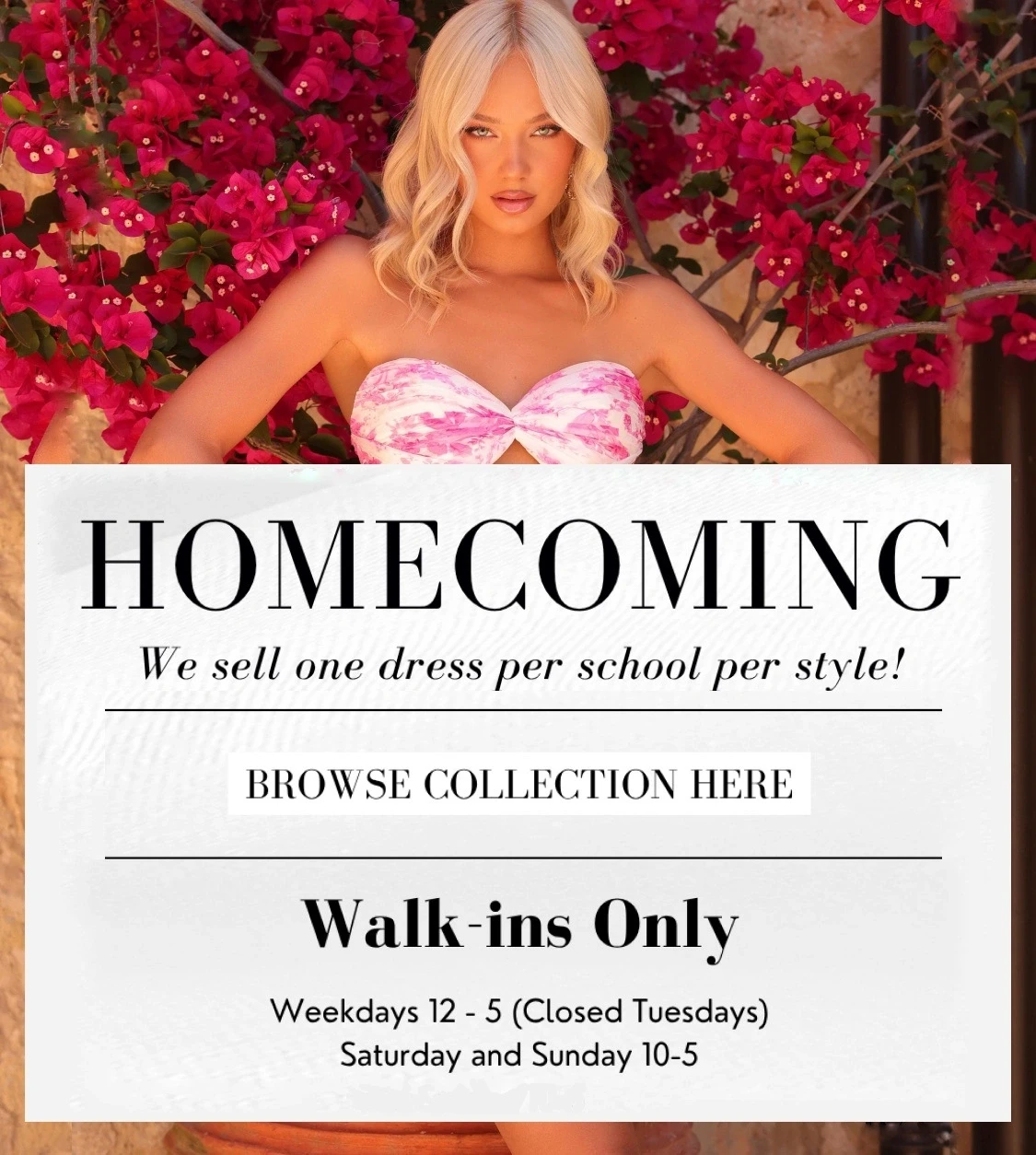 Model wearing homecoming dress, mobile banner