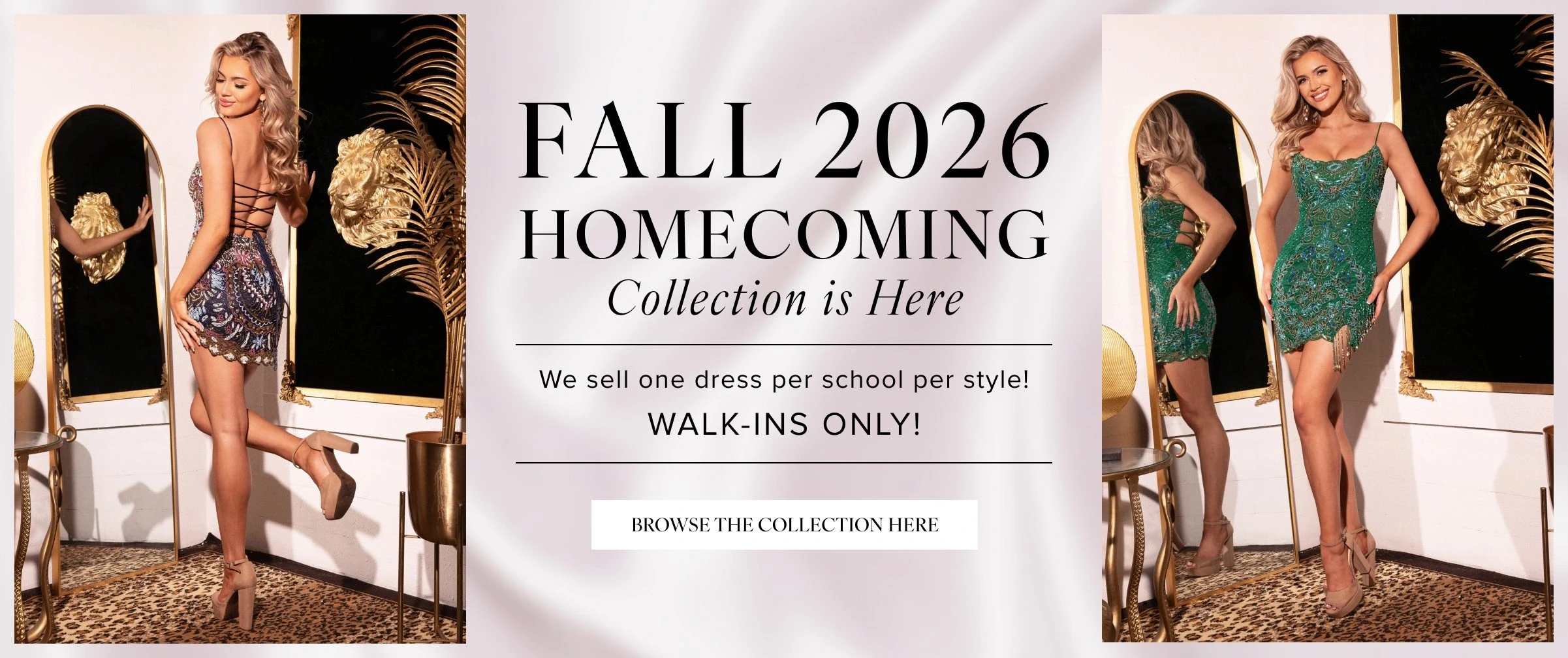 Fall 2026 homecoming desktop banner, models wearing dress