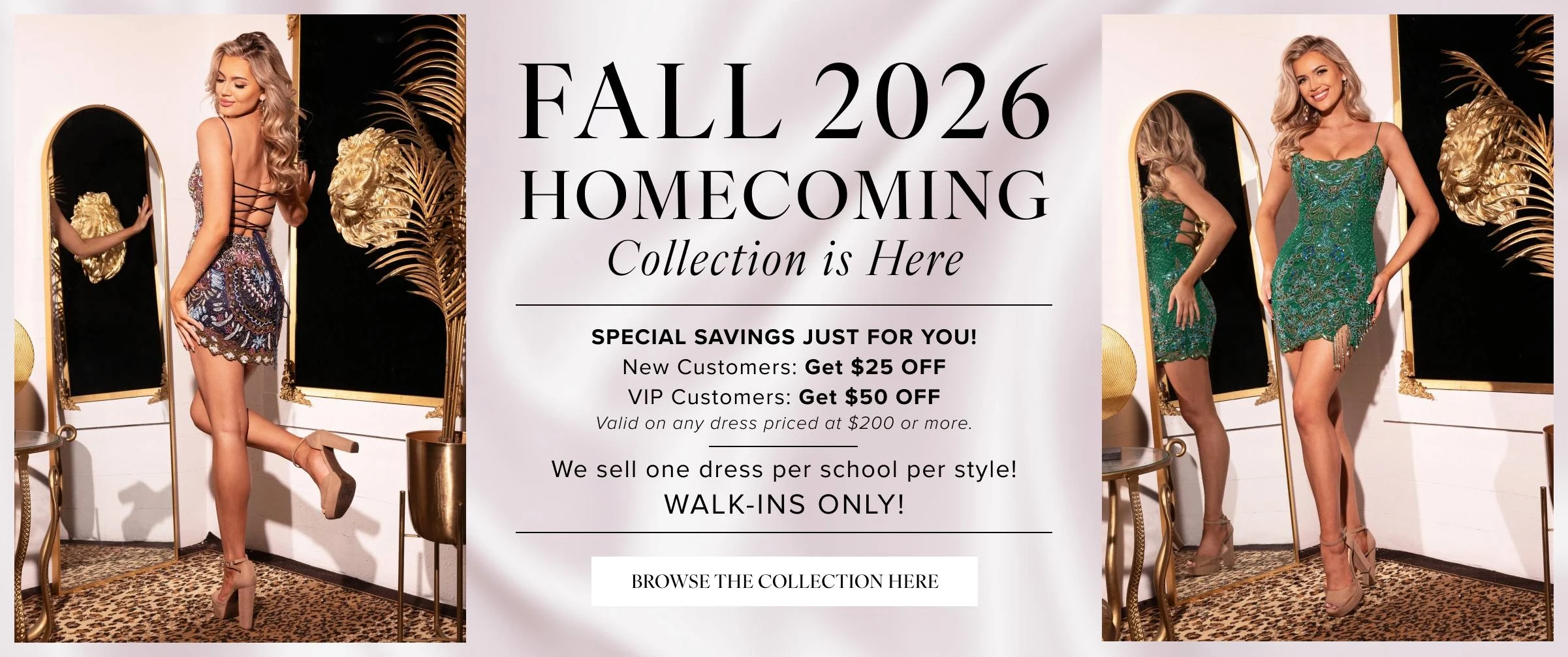 Fall 2026 homecoming desktop banner, models wearing dress
