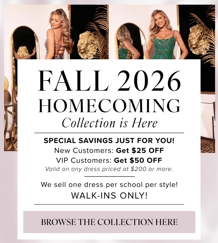 Fall 2026 homecoming desktop banner, models wearing dress