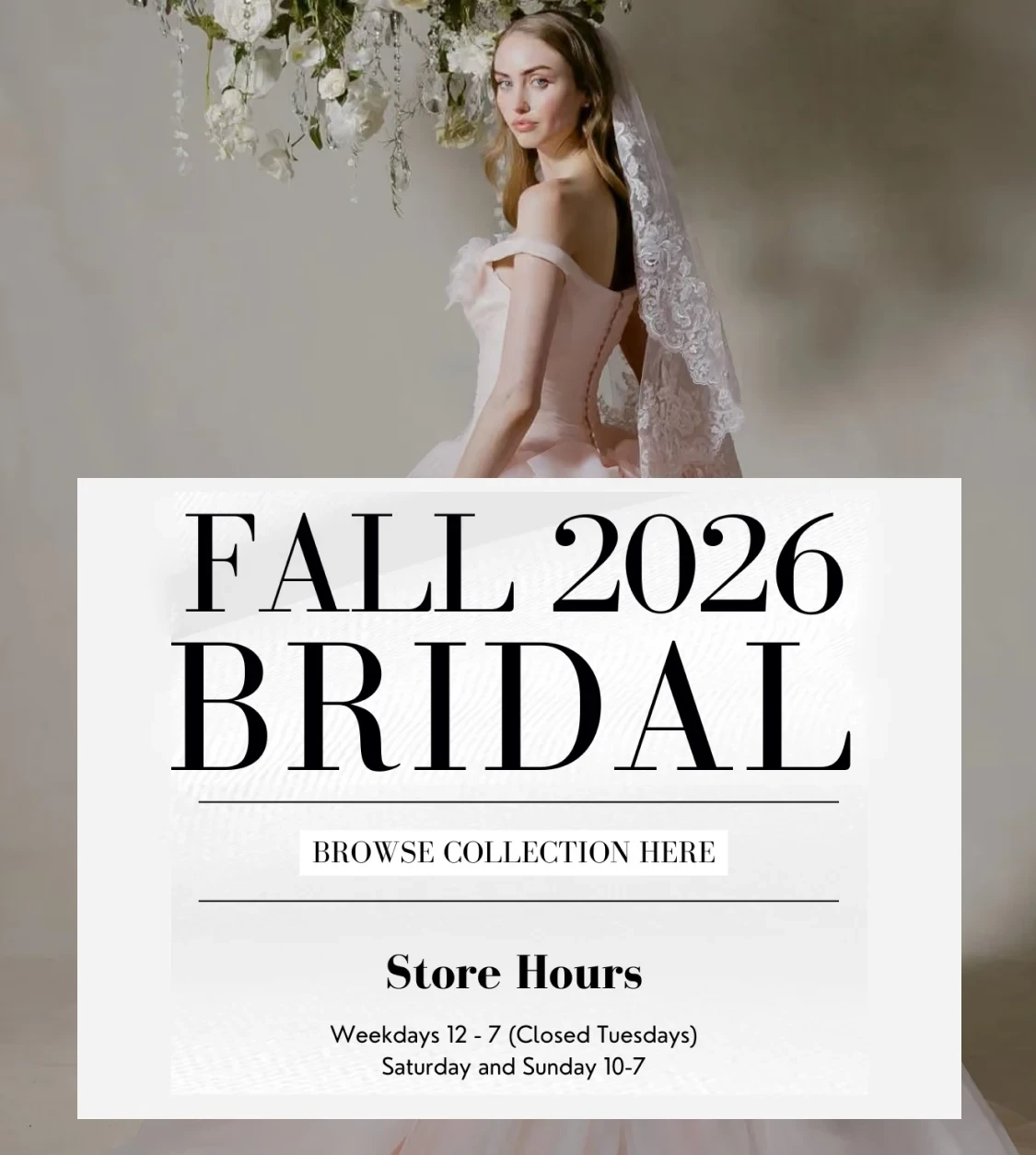 model wearing bridal dress, fall 2026 bridal mobile banner