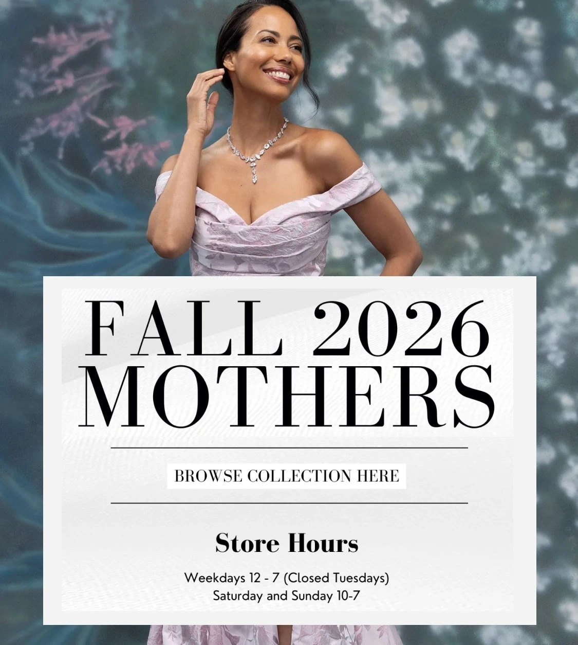 model wearing mother of the bride dress, fall 2026 mothers collection mobile banner