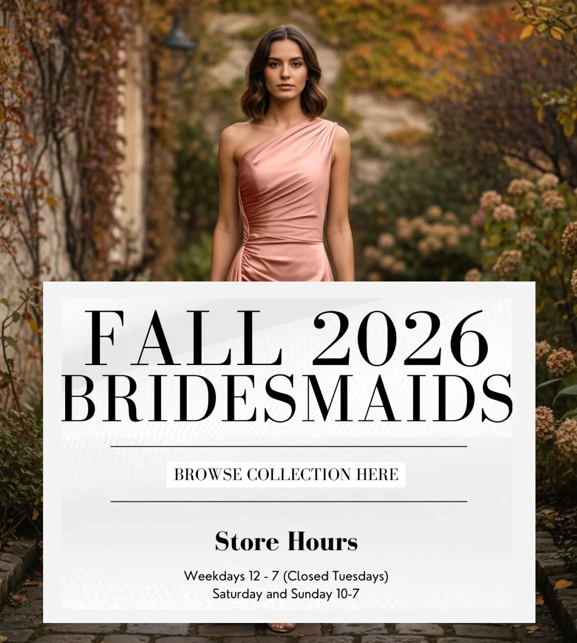 model wearing bridesmaids dress, fall 2026 mobile banner