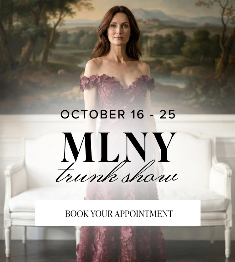 Models wearing MLNY mother of the bride dresses, MLNY Trunk Show mobile banner