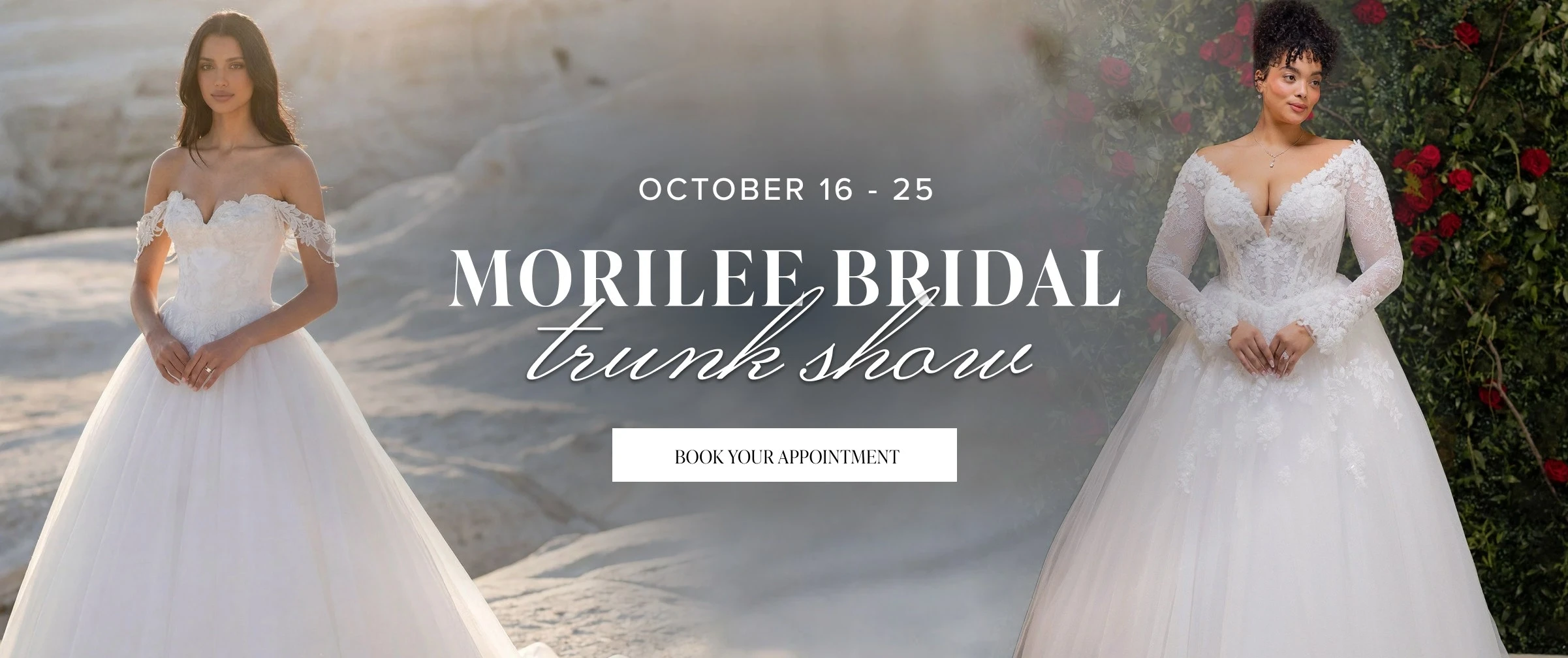 Models wearing Morilee Bridal gowns, Morilee Trunk Show desktop banner
