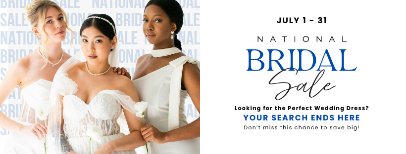 Models wearing bridal dresses, national bridal sale desktop banner