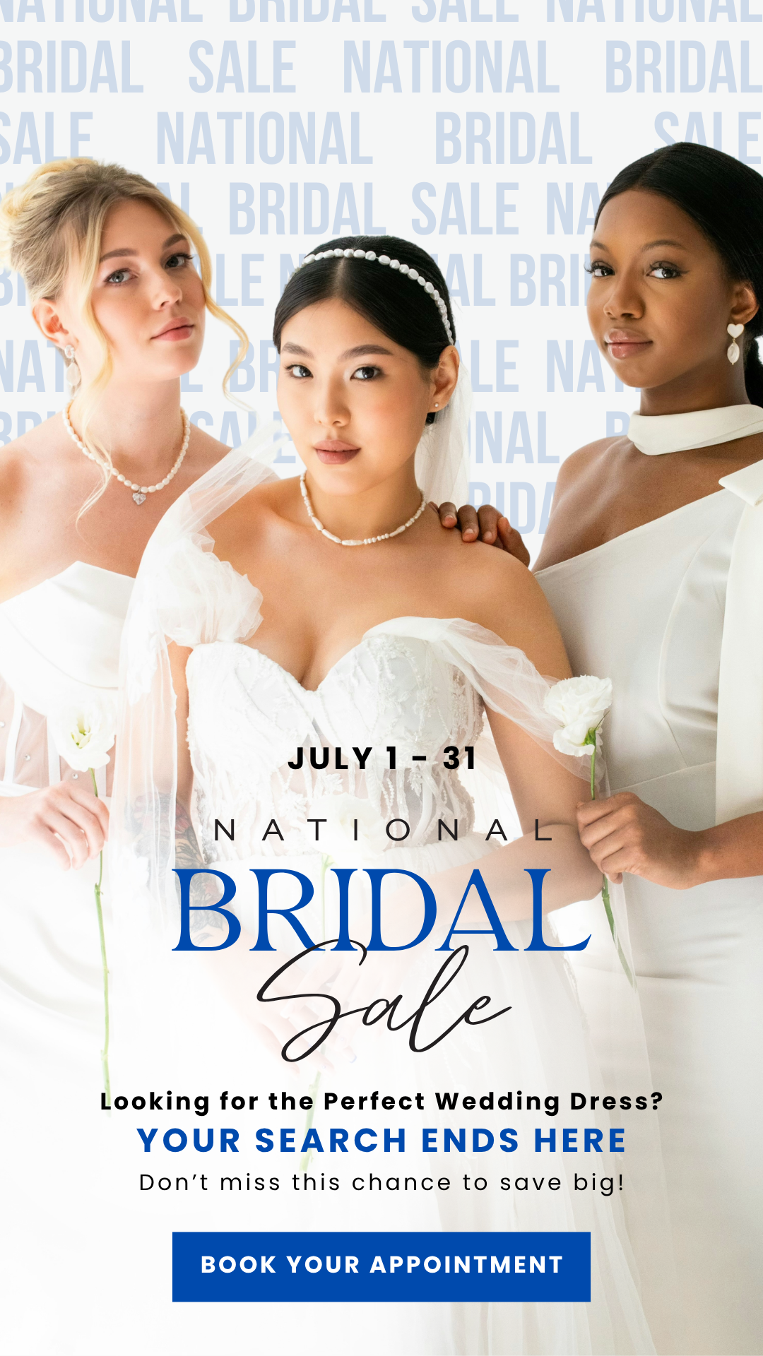 Models wearing bridal dresses, national bridal sale mobile banner