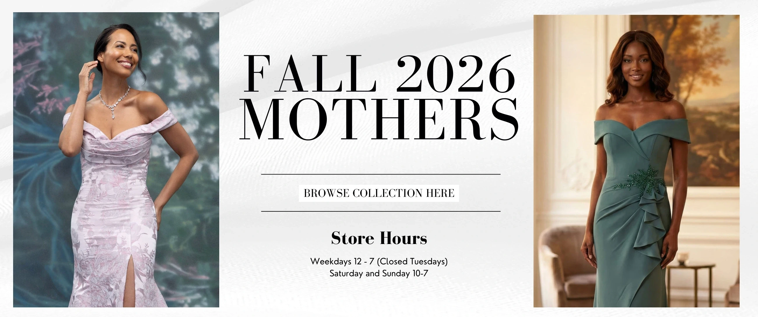 models wearing mother of the bride dresses, fall 2026 mothers collection desktop banner