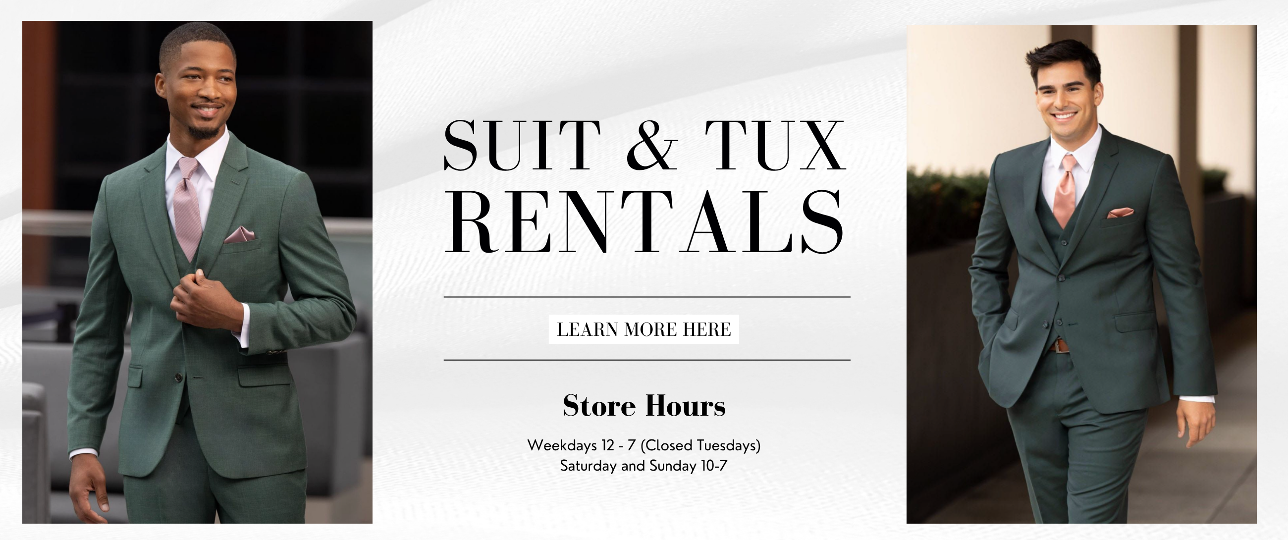 Models wearing suits, Suit & Tux rentals desktop banner